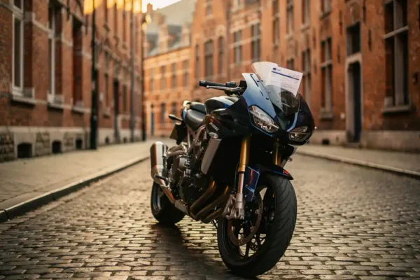 Moto garée sur une rue pavée belge, maisons en briques en arrière-plan, document d'assurance moto sous le pare-brise, lumière dorée.