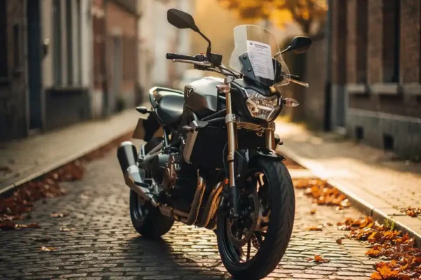Moto garée sur pavés belges avec document d'assurance temporaire sous le pare-brise, feuilles d'automne et lumière dorée.