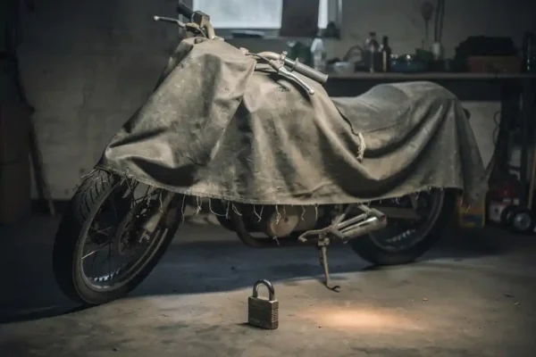 Moto recouverte d'une bâche usée dans un garage sombre, poussière sur le guidon et cadenas fermé au sol.