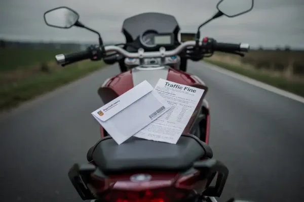Moto garée sur le bord d'une route belge avec une enveloppe officielle et un avis d'amende posés sur la selle, ciel gris nuageux.