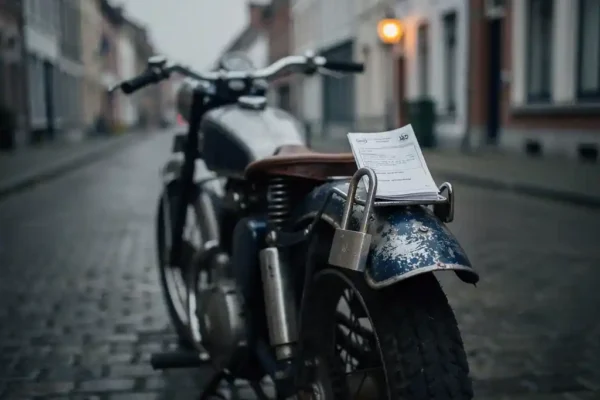 Moto usée garée dans une rue belge, cadenas et document d'assurance posés sur la selle sous un ciel nuageux.