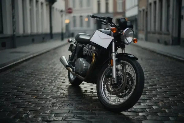 Moto garée sur une rue pavée belge avec une enveloppe d'avis de paiement appuyée contre le réservoir, lumière tamisée.