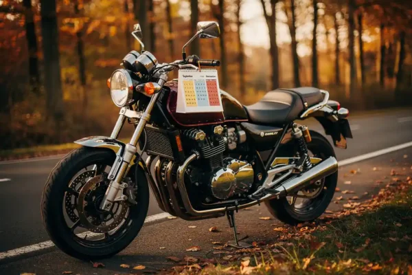 Moto garée au bord d'une route belge en automne, calendrier posé contre le réservoir, lumière dorée filtrant à travers les arbres.