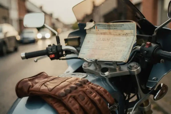 Documents d'immatriculation et assurance moto belges glissés sous le guidon d'une moto de tourisme, gants en cuir sur la selle.