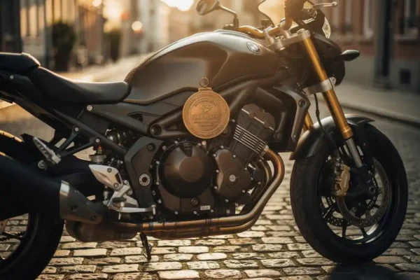 Moto chromée sur pavés belges ensoleillés, médaillon de bronze appuyé contre le réservoir symbolisant un bilan sinistres vierge.