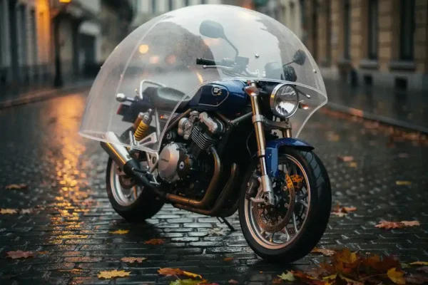 Moto chromée garée sur des pavés mouillés belges sous un dôme protecteur transparent, reflets ambrés des lampadaires, feuilles d'automne au sol.