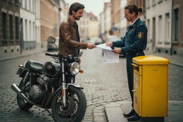 Motocycliste belge remettant des documents officiels à un notaire dans une rue pavée, boîte aux lettres jaune en arrière-plan.