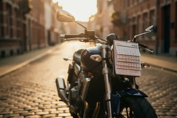 Moto chromée garée dans une rue ensoleillée de Belgique, calendrier sur le guidon symbolisant le passage du temps.