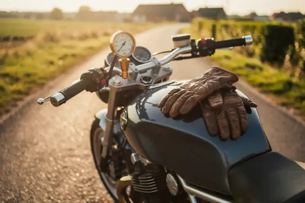 Moto chromée garée sur une route belge ensoleillée, jauge en bronze sur le guidon, gants en cuir usés posés sur le réservoir.