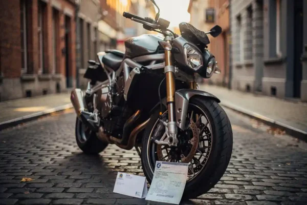 Moto chromée garée sur pavés belges avec enveloppe officielle et carte grise appuyées contre la roue, lumière dorée d'automne.