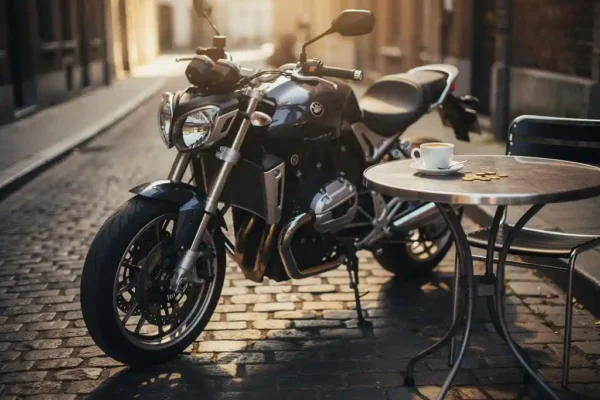 Moto chromée garée sur pavés belges près d'un café avec espresso et euros, lumière dorée matinale, ambiance nostalgique.