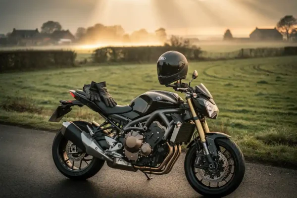 Moto garée sur une route de campagne belge avec casque et gants en cuir posés sur la selle, champs verts dans la brume matinale.