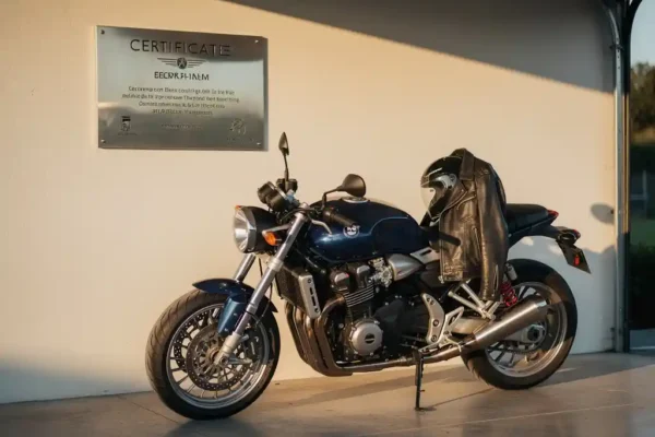Moto chromée garée devant une plaque de certification officielle, veste en cuir et casque posés sur la selle, lumière dorée de fin d'après-midi.