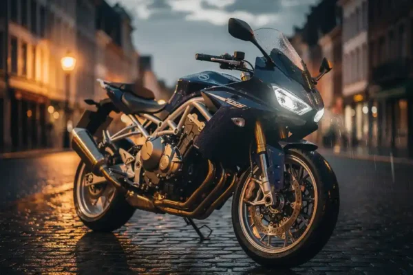Moto chromée garée sur pavés belges mouillés, reflets ambrés sur carrosserie bleu marine, angle trois-quarts avant, éclairage cinématographique.