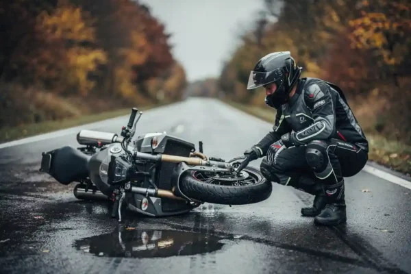 Motocycliste en équipement de protection accroupi près de sa moto couchée sur une route belge mouillée en automne.