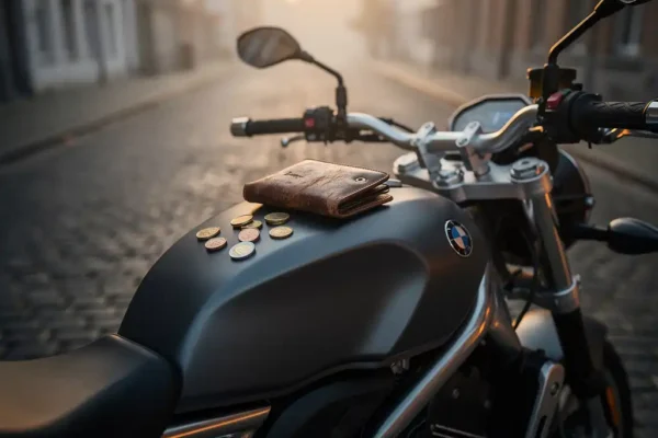 Moto garée sur pavés belges avec portefeuille en cuir usé et pièces en euros posés sur le réservoir, brume matinale en arrière-plan.