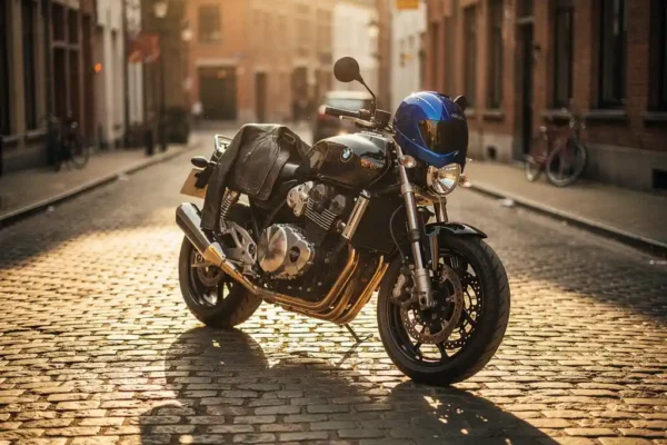 Moto chromée garée sur pavés belges ensoleillés, veste en cuir et casque posés sur la selle, lumière dorée de fin d'après-midi.