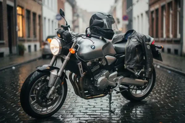 Moto garée sur pavés belges mouillés avec casque fissuré et veste de moto éraflée posés sur la selle, lumière douce et diffuse.