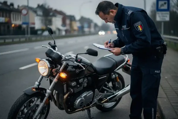 Policier belge rédigeant un procès-verbal pour défaut d'assurance auprès d'une moto garée en bord de route, ciel gris et lumière ambrée.