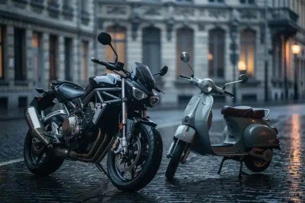 Moto et cyclomoteur garés côte à côte sur des pavés belges mouillés, façades en pierre et lumière urbaine grise en arrière-plan.