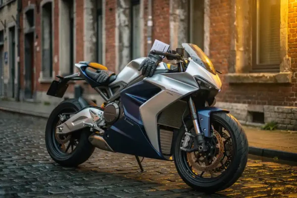 Moto électrique garée sur des pavés belges, façade en briques derrière, gant et dossier d'assurance posés sur la selle.