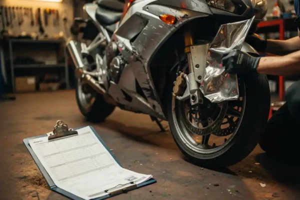 Méchanicien inspectant le carénage chromé endommagé d'une moto en atelier, avec une fiche d'inspection sur clipboard au premier plan.