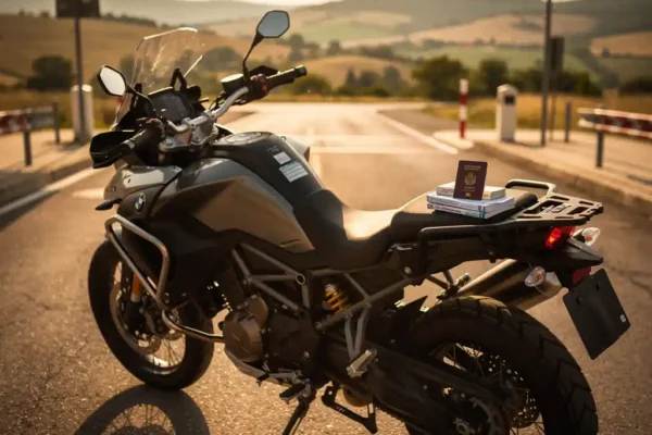 Moto garée à un poste frontière européen ensoleillé, passeport et assurance internationale posés sur la selle, route ouverte en arrière-plan.