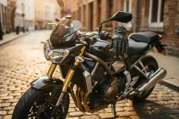 Gant en cuir posé sur le guidon d'une moto garée sur des pavés belges ensoleillés, lumière dorée de fin d'après-midi.