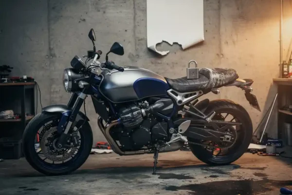 Moto garée dans un garage sombre, cadenas posé sur la selle, calendrier mural avec une page arrachée, lumière ambrée d'atelier.