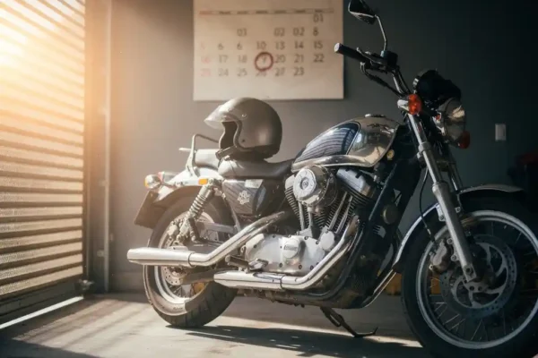 Moto chromée garée dans un garage, casque posé sur la selle, calendrier mural avec date entourée, lumière dorée de fin d'après-midi.