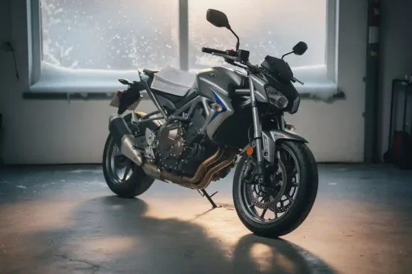 Moto garée dans un garage en hiver, document d'assurance posé sur la selle, neige visible par la fenêtre givrée.