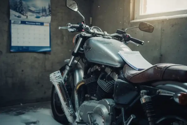Moto garée dans un garage hivernal, tuyaux d'échappement givrés, document d'assurance plié sur la selle, calendrier d'hiver au mur.