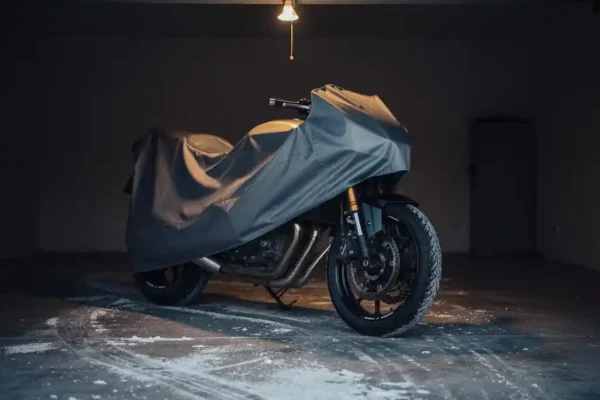 Moto couverte d'une housse grise dans un garage sombre, sol en béton givré, ampoule suspendue diffusant une lumière ambrée.