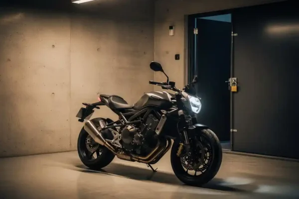 Moto chromée garée dans un garage privé sécurisé, éclairage chaud d'atelier, porte en acier cadenassée en arrière-plan.