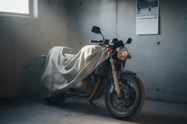 Moto garée dans un garage belge en hiver, à moitié recouverte d'une bâche, lumière naturelle tamisée et grains de poussière en suspension.
