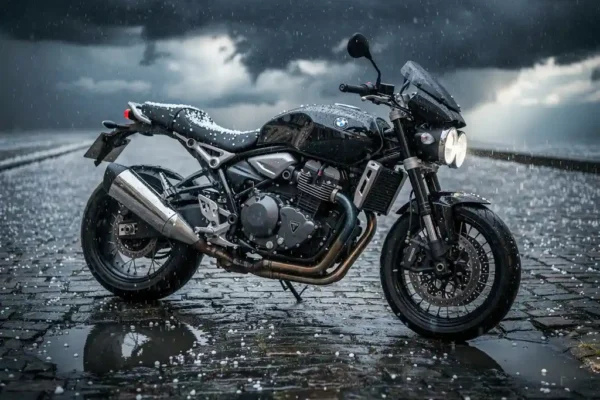 Moto chromée garée sur pavés mouillés sous une tempête de grêle, nuages sombres et flaques reflétant un ciel gris-bleu.