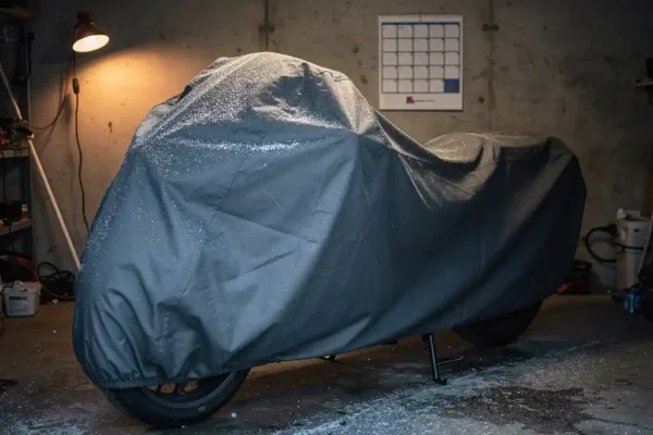 Moto hivernisée sous une housse givrée dans un garage sombre, éclairée par une lampe ambrée, calendrier mural en arrière-plan.