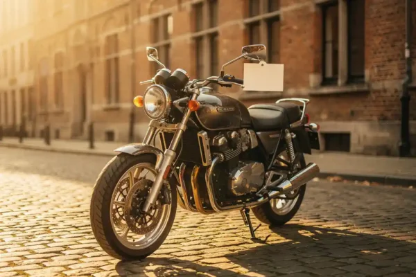 Moto mid-range garée sur une rue pavée belge en automne, étiquette de prix sur le guidon, façade flamande en brique en arrière-plan flou.