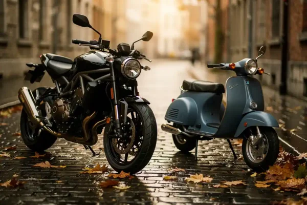 Moto moderne et cyclomoteur garés côte à côte sur des pavés belges mouillés, feuilles d'automne et lumière dorée de fin d'après-midi.