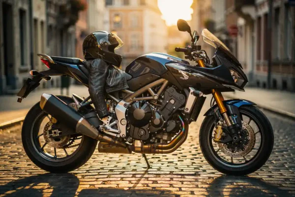 Moto moderne sur pavés belges ensoleillés, moitié polie et moitié usée, veste en cuir et casque posés sur la selle, lumière dorée.