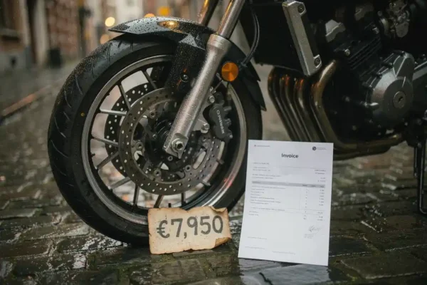 Moto moderne garée sur une rue belge mouillée, avec une étiquette de prix usée et une facture neuve posées contre la roue avant.