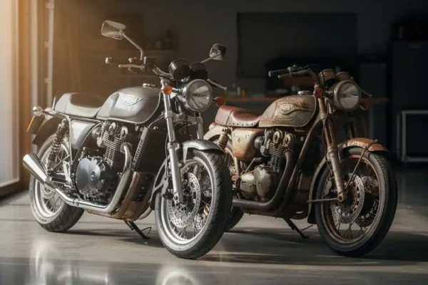 Moto moderne étincelante côte à côte avec son équivalent vintage patiné, éclairées par la lumière naturelle d'un garage.