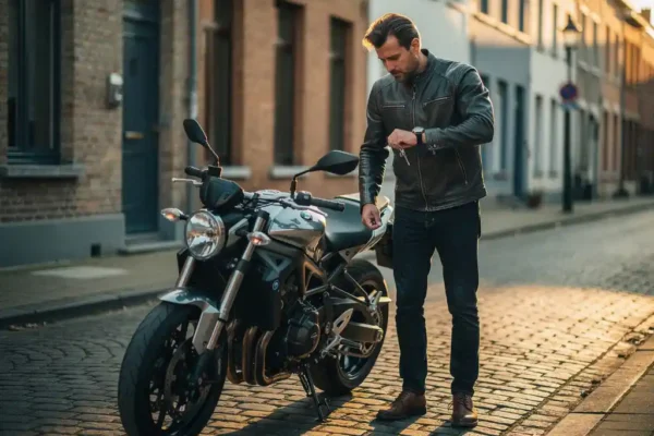 Motocycliste en veste de cuir vérifiant sa montre, clé en main, dans une rue belge pavée aux façades en briques, lumière dorée de fin d'après-midi.
