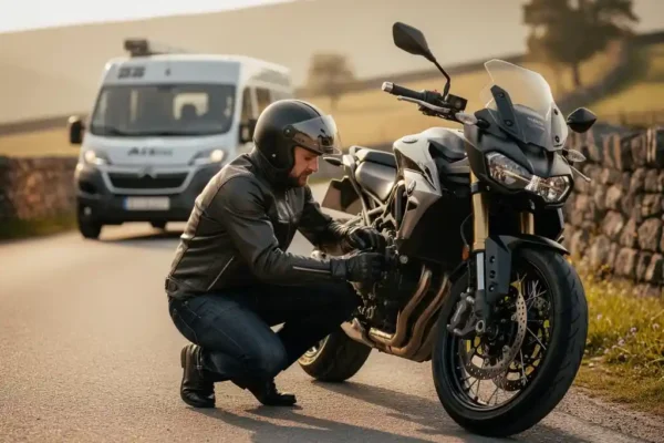 Motard accroupi examinant la roue arrière de sa moto garée au bord d'une route européenne, van d'assistance visible en arrière-plan.