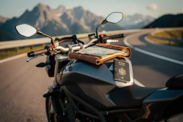Moto garée sur une route européenne ensoleillée, passeport belge et carte en cuir sur le réservoir, montagnes alpines à l'horizon.
