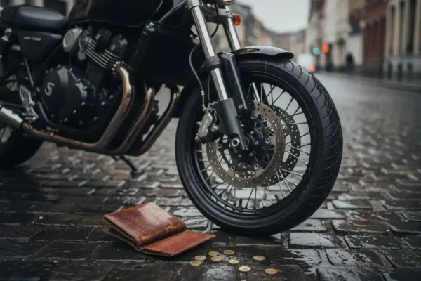 Moto garée sur pavés belges mouillés, portefeuille en cuir ouvert avec pièces en euros près de la roue avant, ciel gris reflété sur le chrome.