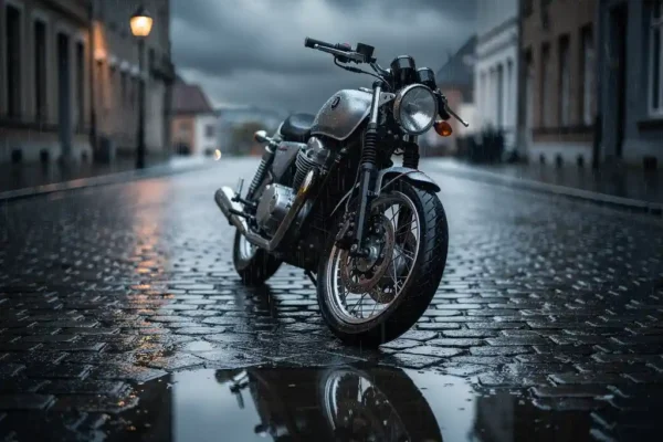 Moto chromée garée sur des pavés belges mouillés, reflets ambrés dans les flaques sous un ciel nuageux dramatique.