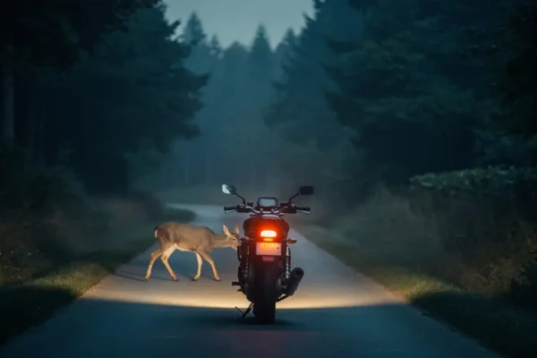 Moto arrêtée sur une route rurale belge brumeuse au crépuscule, un cerf figé dans le faisceau du phare face à la forêt dense.