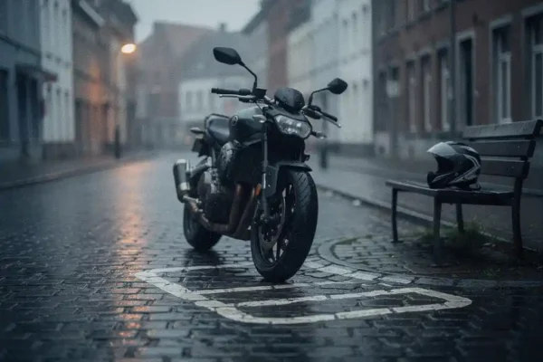Moto garée sur des pavés mouillés d'une rue belge, casque posé sur un banc, éclairage ambré sous un ciel gris.