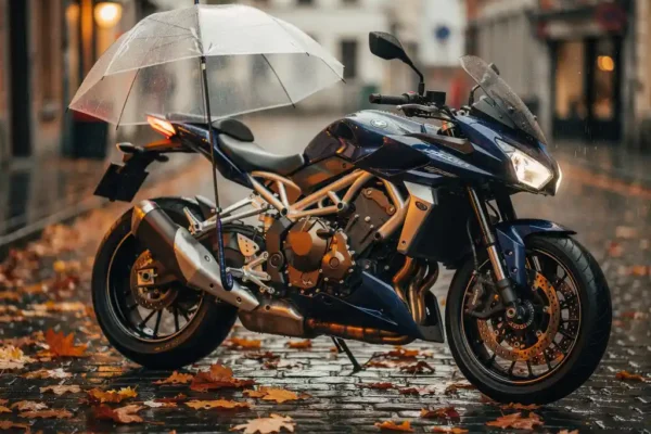 Moto chromée garée sur des pavés mouillés en Belgique, parapluie transparent appuyé contre la carrosserie, feuilles d'automne au sol.